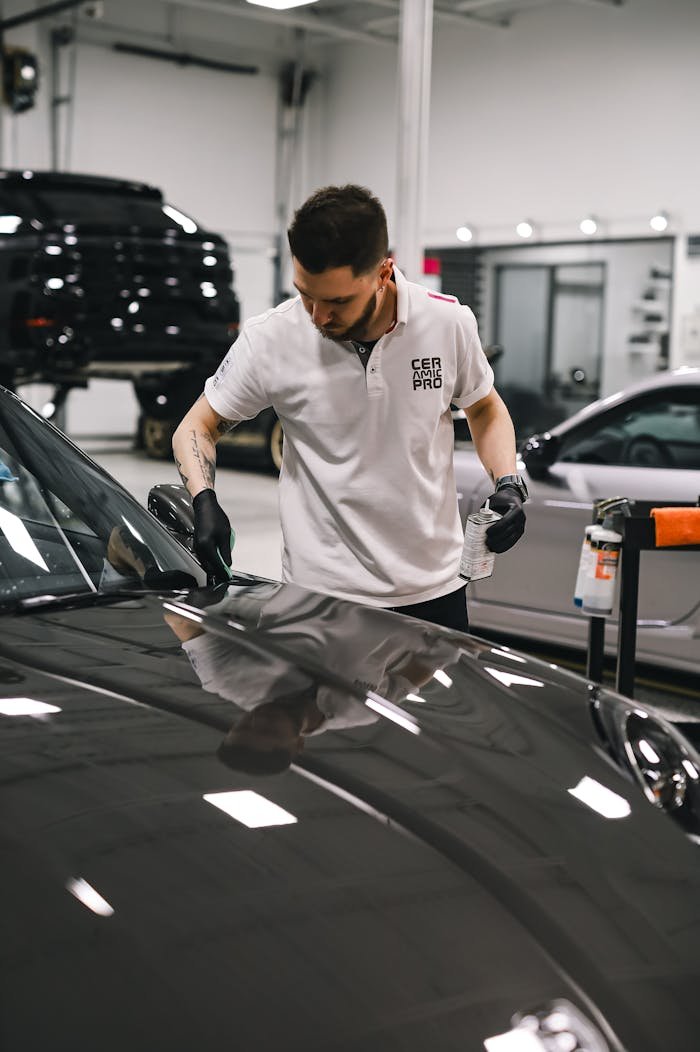 A dedicated employee expertly detailing a car hood in a clean, modern garage setting.